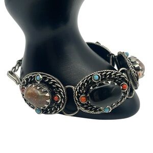 Native American style silver tone stone cabochon agate bracelet vintage
